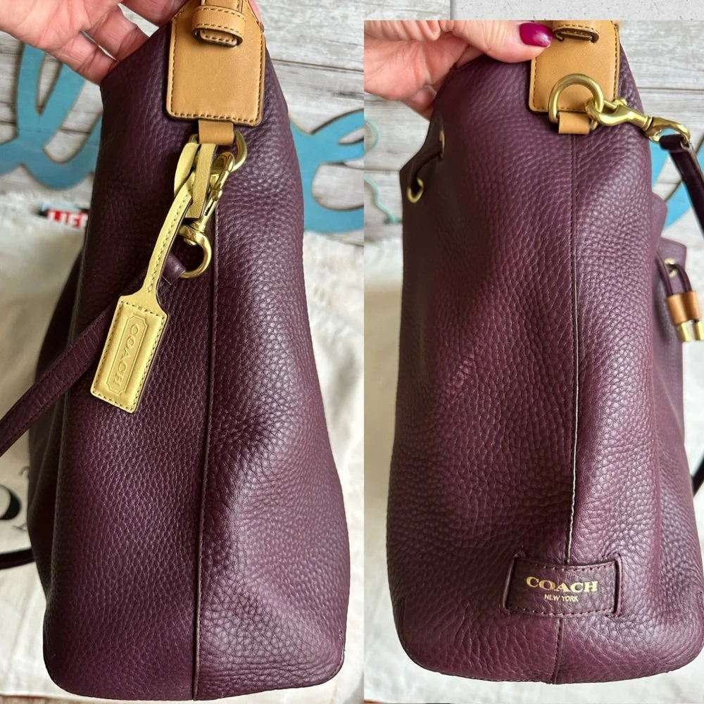 COACH EGGPLANT DRAWSTRING PEBBLED LEATHER BUCKET HOBO BAG